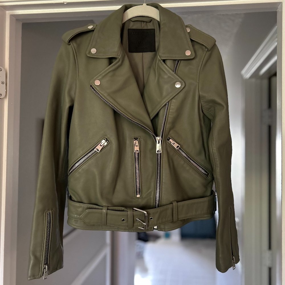 ALLSAINTS Balfern Leather Biker Jacket in Sage Green Size- 4 US
